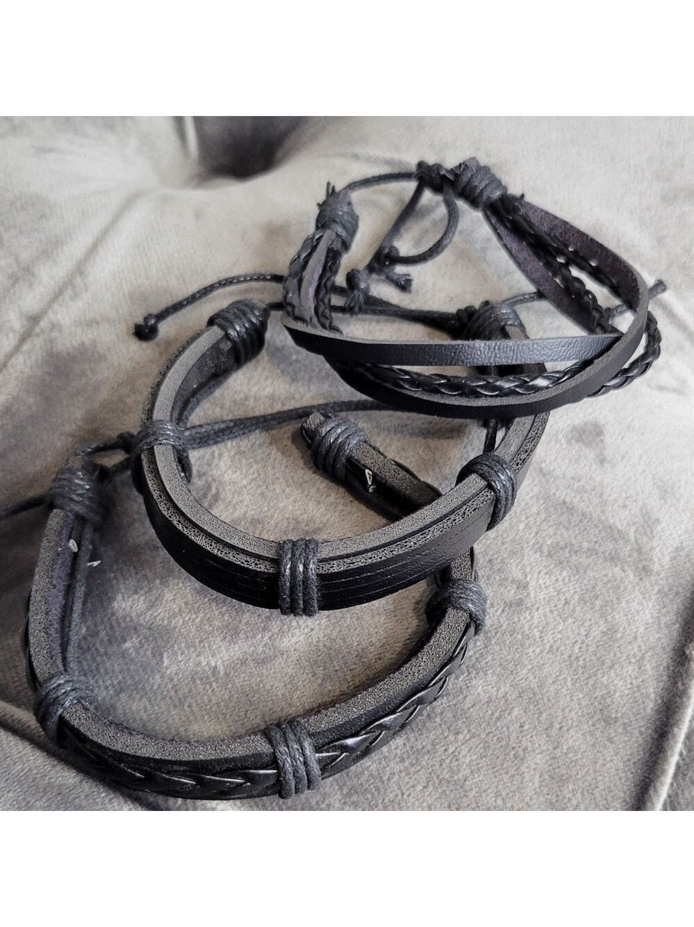 Men’s Faux Leather Bracelet Set | 3-Piece Braided & Layered Black Wristbands - Picture 4 of 4